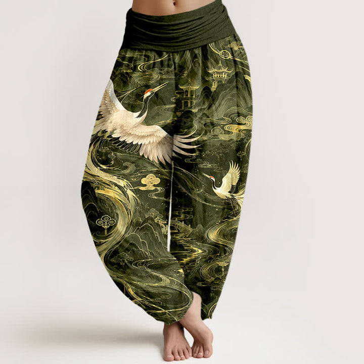 Buddha Stones Dames harembroek met elastische Taille en vliegende kraanvogelpatroon - Donker olijfgroen - US16, UK/AU20, EU48 (3XL) - image 8