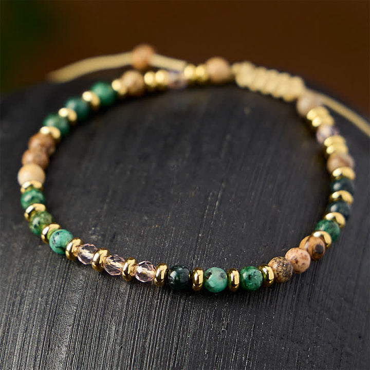 Buddha Stones Handgeweven Armband met 4 mm Afrikaanse turkoois, picture jaspis en roze glaskralen voor aarding. - image 2