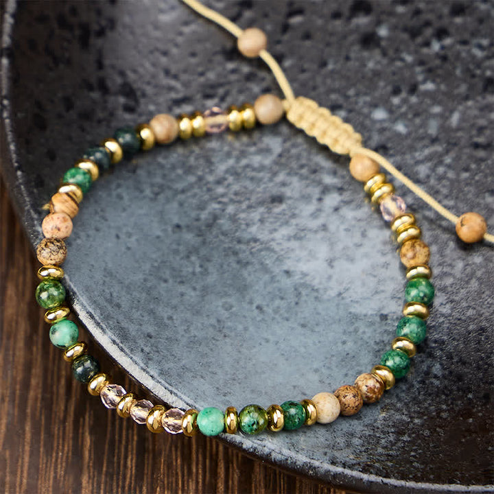 Buddha Stones Handgeweven Armband met 4 mm Afrikaanse turkoois, picture jaspis en roze glaskralen voor aarding. - image 1