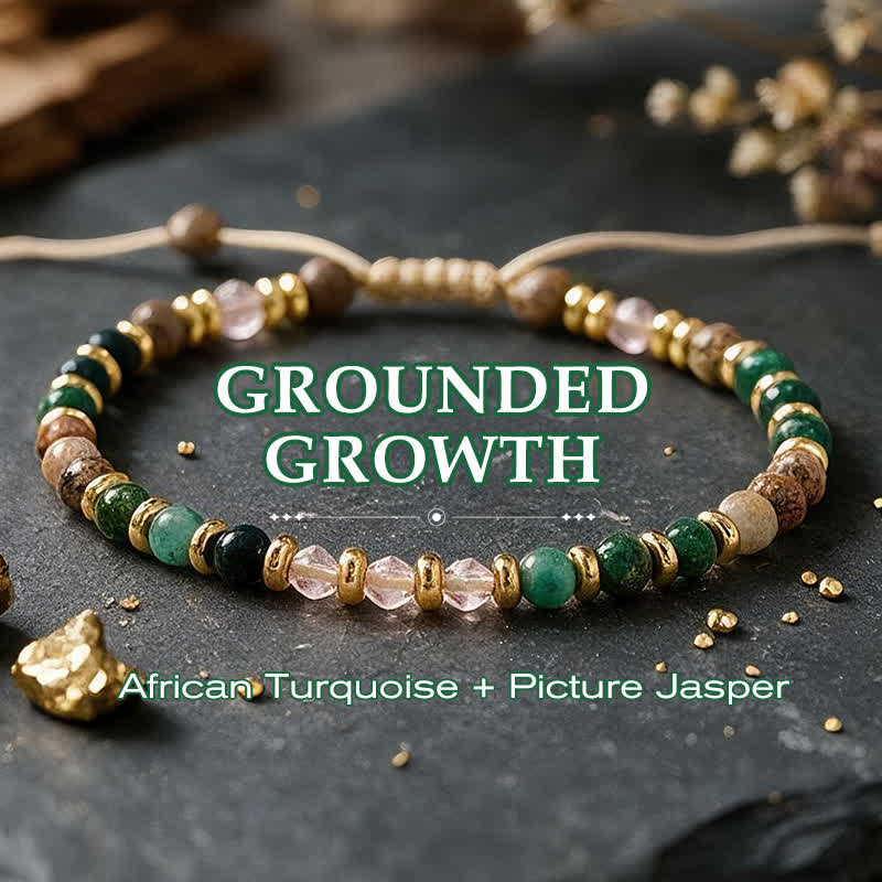 Buddha Stones Handgeweven Armband met 4 mm Afrikaanse turkoois, picture jaspis en roze glaskralen voor aarding. - Afrikaanse turkoois Picture Jaspis (Polsomtrek: 16–26 cm) - image 0