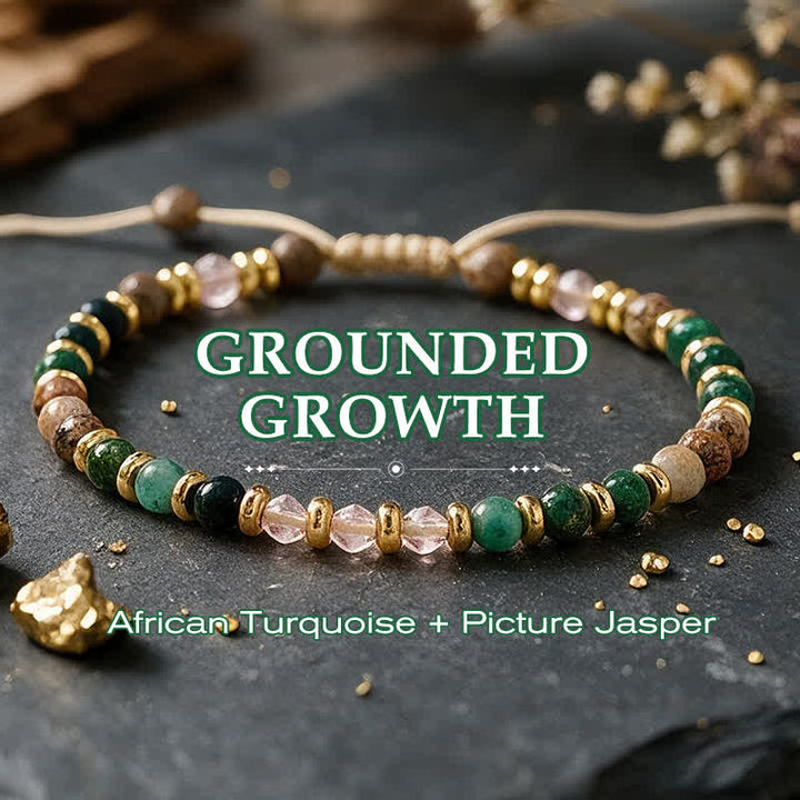 Buddha Stones Handgeweven Armband met 4 mm Afrikaanse turkoois, picture jaspis en roze glaskralen voor aarding. - Afrikaanse turkoois Picture Jaspis (Polsomtrek: 16–26 cm) - image 0