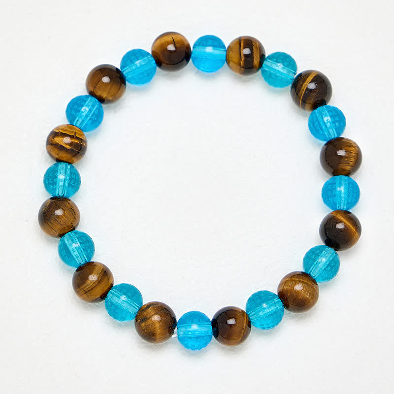 Buddha Stones Ronde Armband met tijgeroogblauwe Liuli-glaskralen en de tekst &
