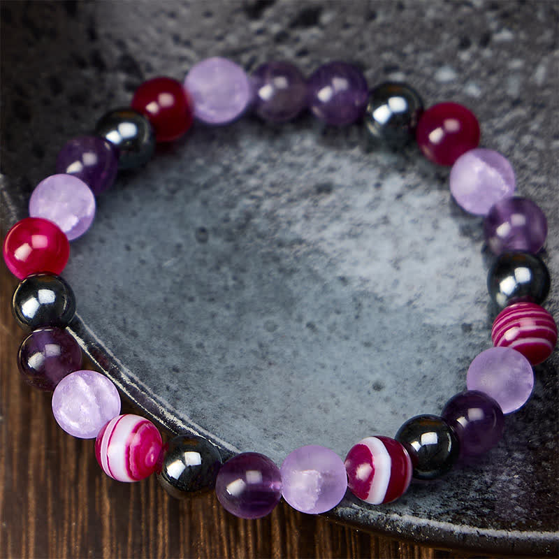 Buddha Stones Armband van natuurlijke amethist, paarse agaat en hematiet - image 1