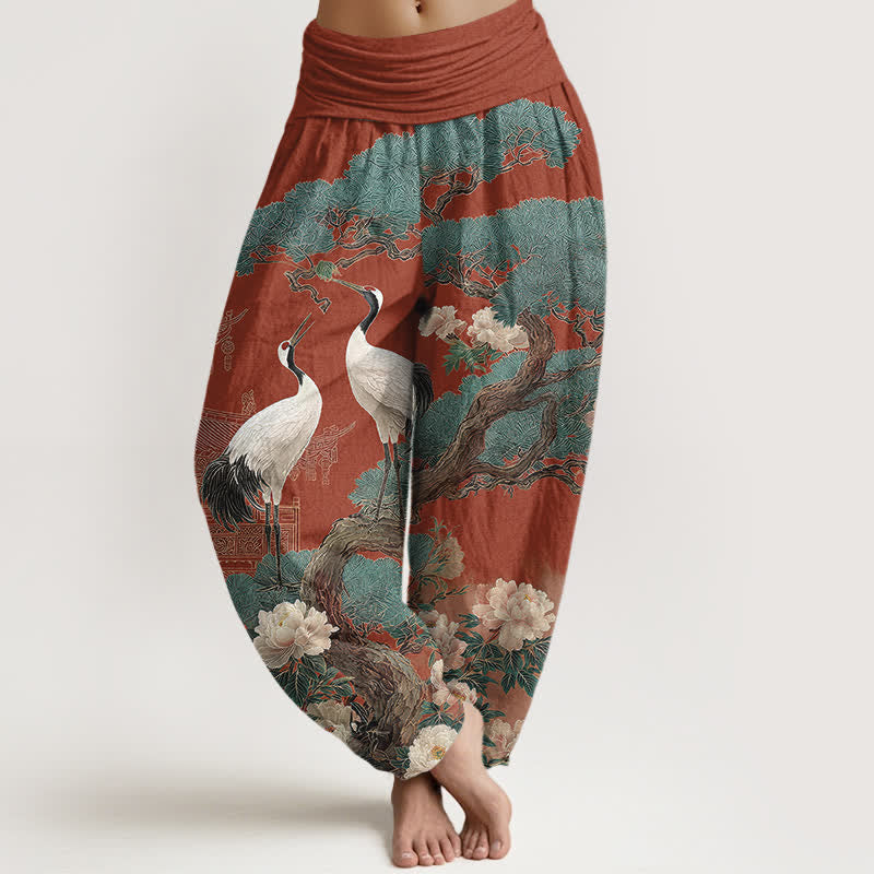 Buddha Stones Dames harembroek met elastische Taille en kraanvogelbloesempatroon - Korenbloemblauw - US16, UK/AU20, EU48 (3XL) - image 8