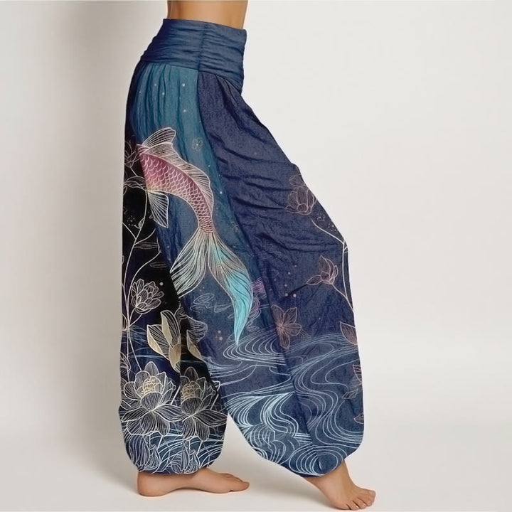Buddha Stones Dames harembroek van 100% Cotton met lotus- en koivispatroon en elastische Taille . - image 2