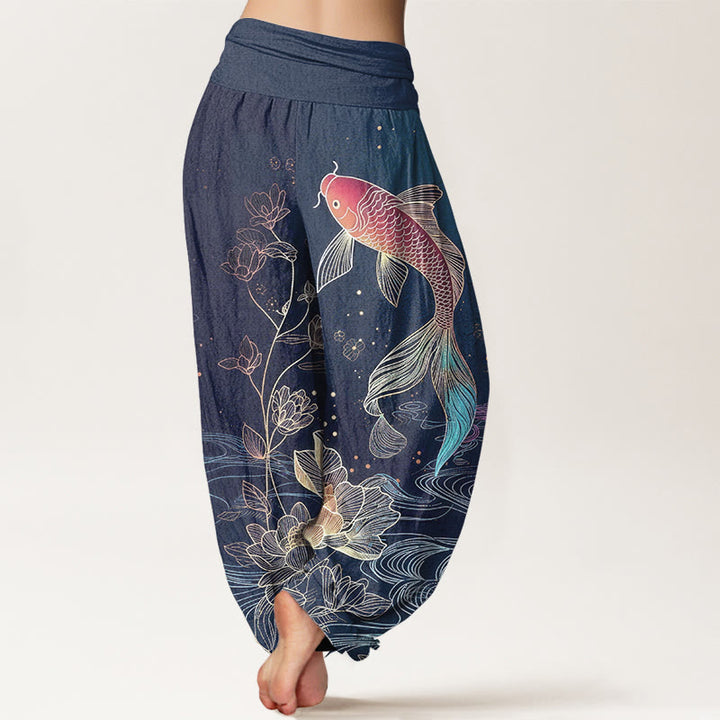 Buddha Stones Dames harembroek van 100% Cotton met lotus- en koivispatroon en elastische Taille . - image 1