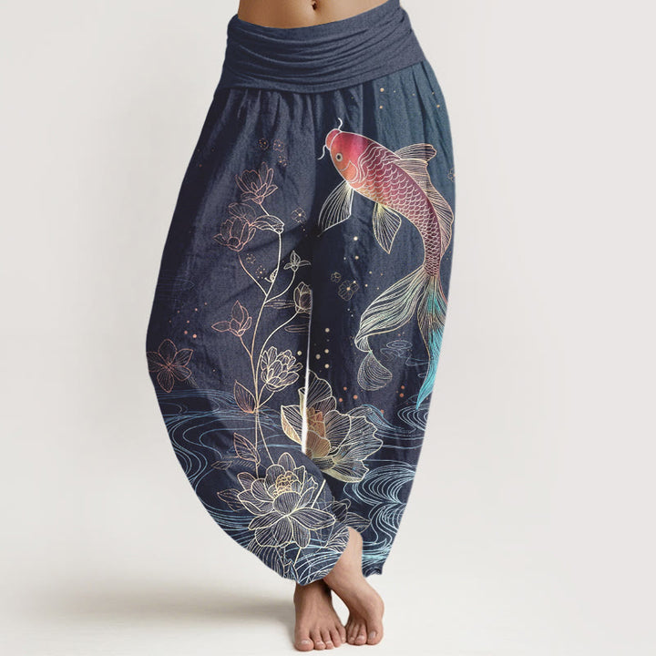 Buddha Stones Dames harembroek van 100% Cotton met lotus- en koivispatroon en elastische Taille . - Leisteenblauw - US16, UK/AU20, EU48 (3XL) - image 0