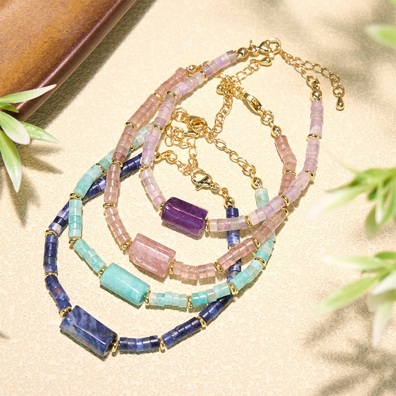 Buddha Stones Amethist Amazoniet Aardbeikwarts Sodaliet Waarheid Gefacetteerde Cilinder Armband - image 17