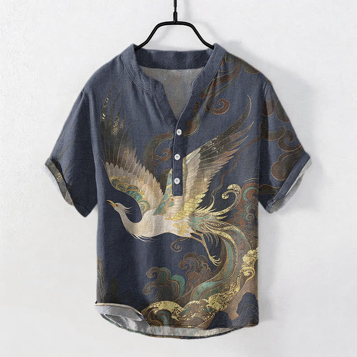 Buddha Stones Katoenen herenoverhemd met verguld kraanvogel- en golfpatroon , Korte mouw en halve knoopsluiting. - Marine - US/UK/AU50, EU60 (5XL) - image 0