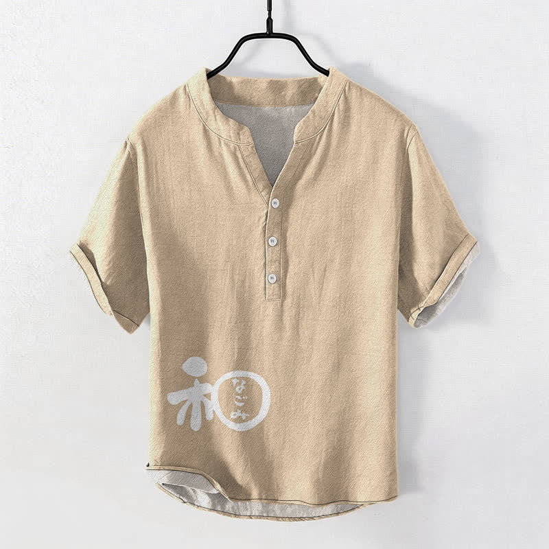 Buddha Stones Katoenen Wa Crest Script patroon heren overhemd met Korte mouw en halve knoopsluiting - Beige - US/UK/AU50, EU60 (5XL) - image 5