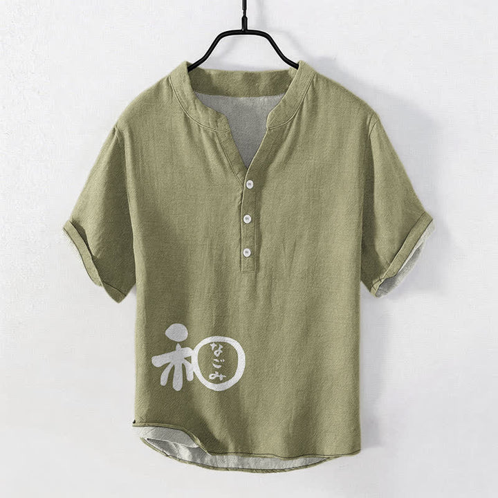 Buddha Stones Katoenen Wa Crest Script patroon heren overhemd met Korte mouw en halve knoopsluiting - Olijf - US/UK/AU50, EU60 (5XL) - image 7