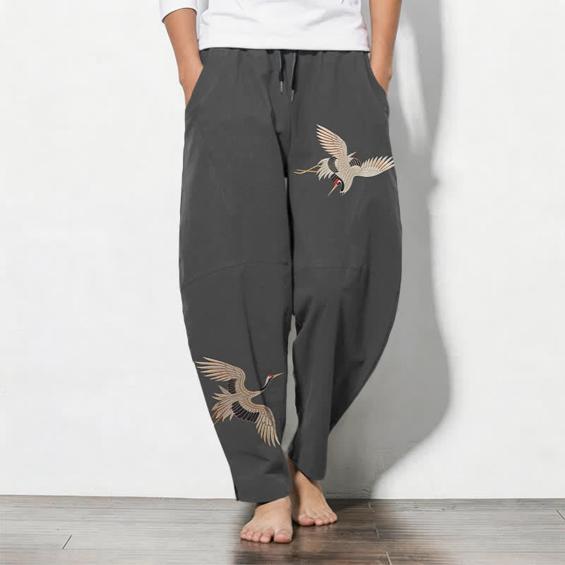 Buddha Stones Getailleerde herenbroek van 100% Cotton met trekkoord en dubbele kraanvogelprint, inclusief Zakken. - Donkergrijs - US/UK/AU50, EU60 (5XL) - image 0