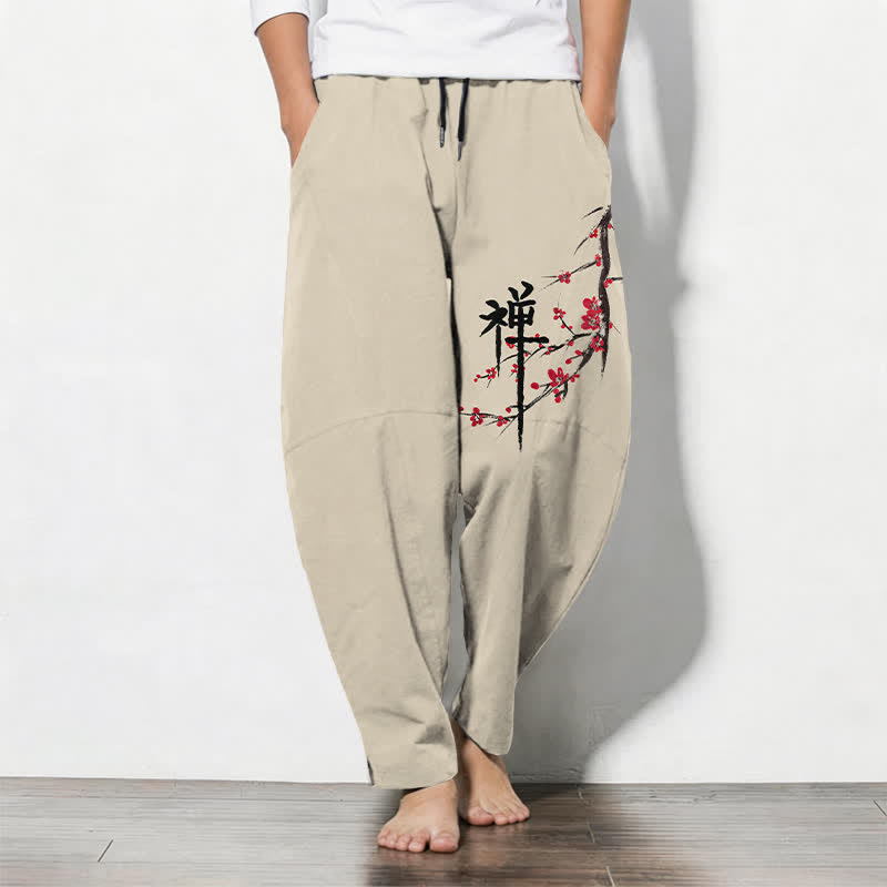 Buddha Stones Herenbroek van 100% Cotton met Zen-pruimenbloesempatroon, trekkoord en Zakken. - Beige - US/UK/AU50, EU60 (5XL) - image 0