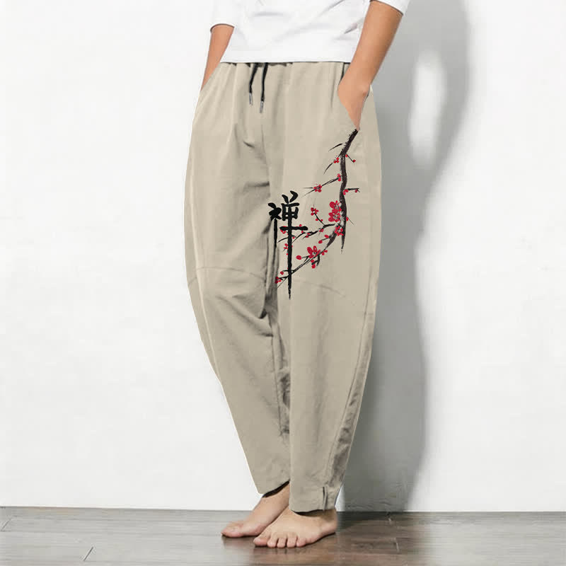 Buddha Stones Herenbroek van 100% Cotton met Zen-pruimenbloesempatroon, trekkoord en Zakken. - image 1