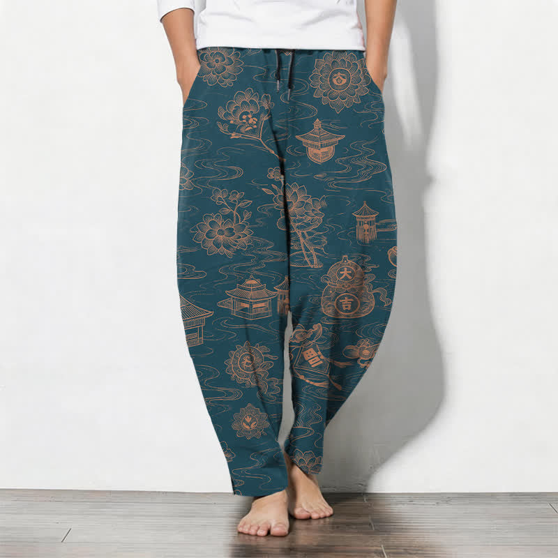 Buddha Stones Getailleerde herenbroek van 100% Cotton met lotus-, paviljoen- en wolkenpatroon, trekkoord en Zakken. - Teal - US/UK/AU50, EU60 (5XL) - image 0