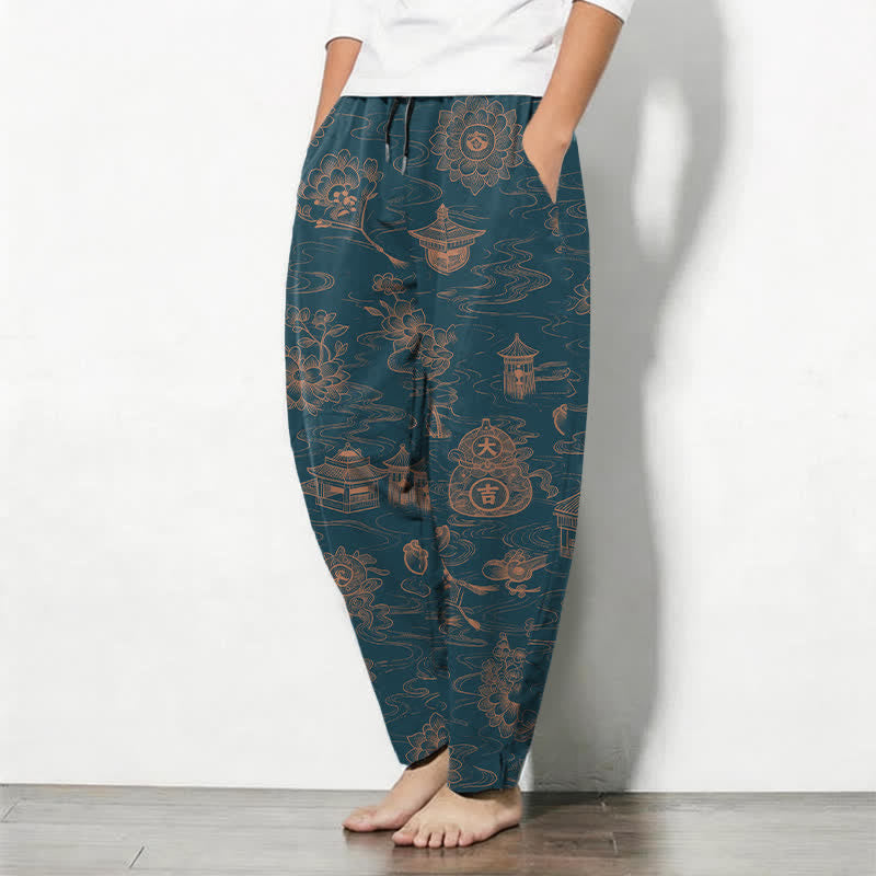 Buddha Stones Getailleerde herenbroek van 100% Cotton met lotus-, paviljoen- en wolkenpatroon, trekkoord en Zakken. - image 1