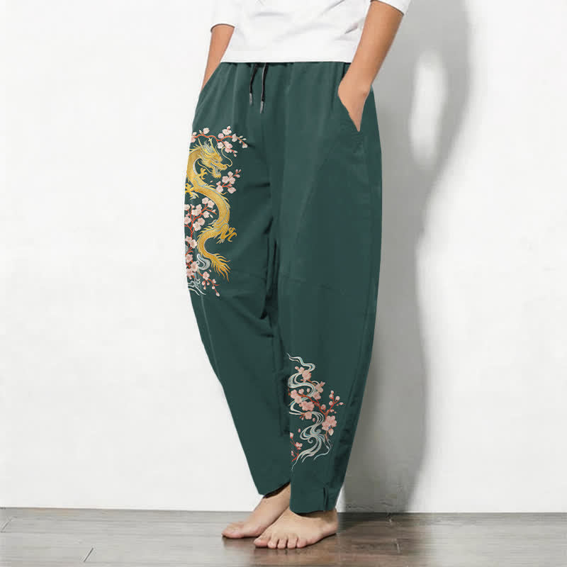 Buddha Stones Herenbroek van 100% Cotton met gouden drakenbloesempatroon, trekkoord en taps toelopende pijpen, inclusief Zakken. - image 1