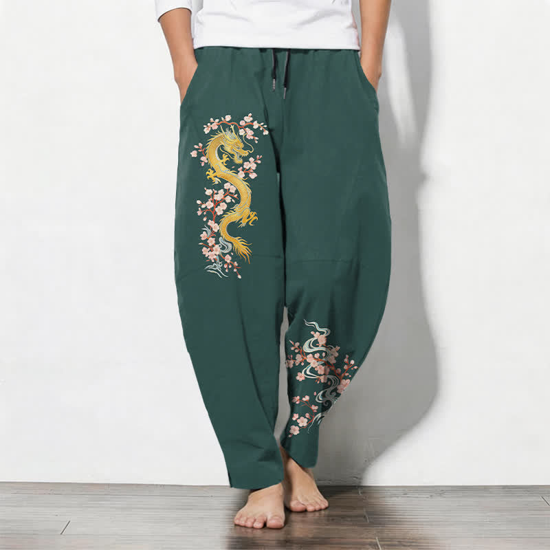 Buddha Stones Herenbroek van 100% Cotton met gouden drakenbloesempatroon, trekkoord en taps toelopende pijpen, inclusief Zakken. - Zeegroen - US/UK/AU50, EU60 (5XL) - image 0