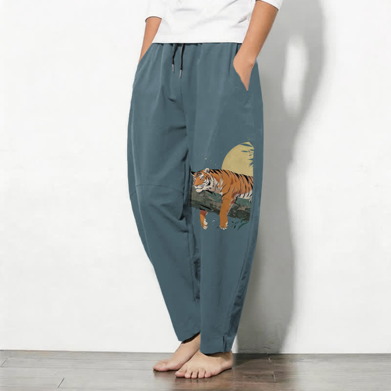 Buddha Stones Reclined herenbroek van 100% Cotton met tijger- en maanpatroon, trekkoord en Zakken. - image 1
