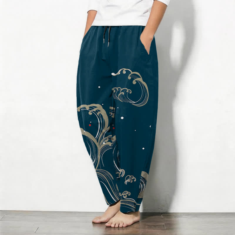 Buddha Stones Herenbroek van 100% Cotton met trekkoord en Zakken , met oceaan- en getijdenpatroon. - image 1