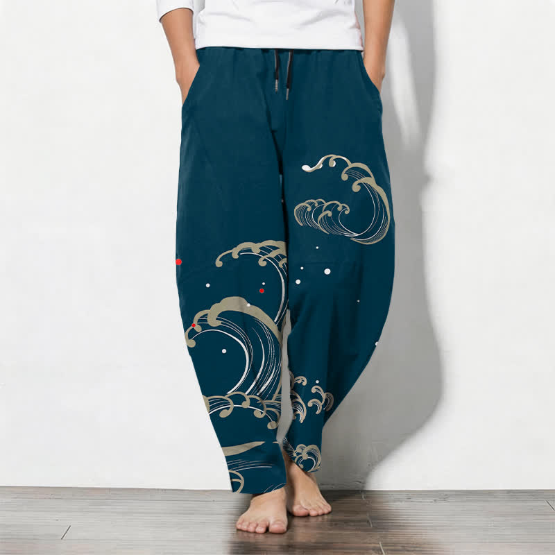 Buddha Stones Herenbroek van 100% Cotton met trekkoord en Zakken , met oceaan- en getijdenpatroon. - Teal - US/UK/AU50, EU60 (5XL) - image 0