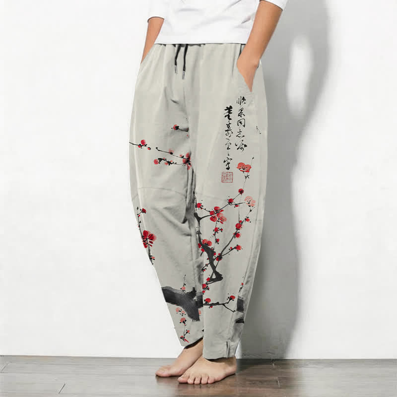 Buddha Stones Getailleerde herenbroek van 100% Cotton met kalligrafiemotief van pruimenbloesems en trekkoord, inclusief Zakken. - image 1