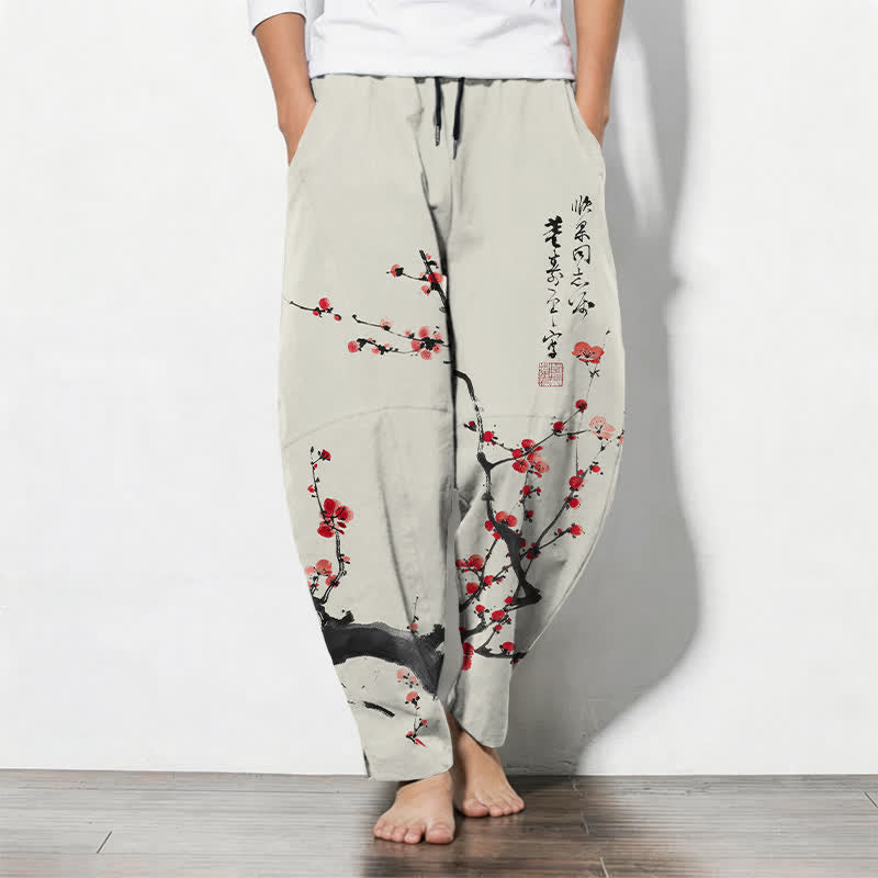 Buddha Stones Getailleerde herenbroek van 100% Cotton met kalligrafiemotief van pruimenbloesems en trekkoord, inclusief Zakken. - Beige - US/UK/AU50, EU60 (5XL) - image 0