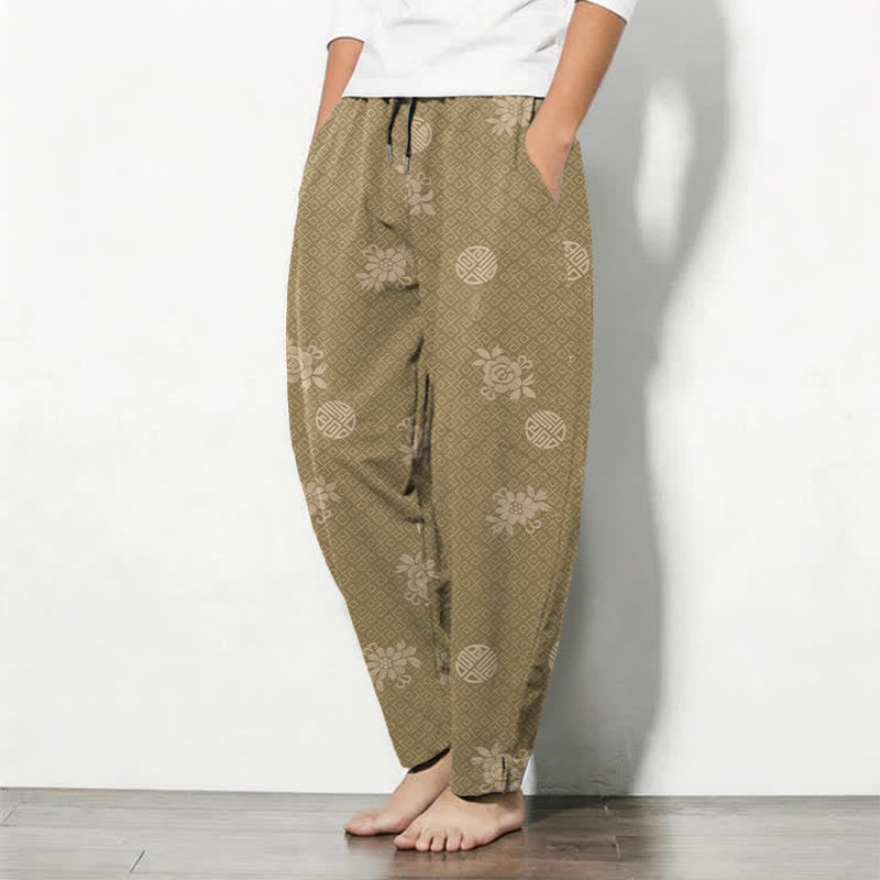 Buddha Stones Taps toelopende herenbroek van 100% Cotton met bloemenmedaillonpatroon, trekkoord en Zakken. - image 1
