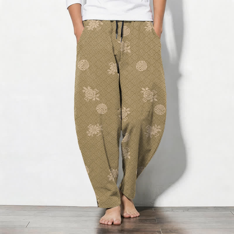 Buddha Stones Taps toelopende herenbroek van 100% Cotton met bloemenmedaillonpatroon, trekkoord en Zakken. - Bruinen - US/UK/AU50, EU60 (5XL) - image 0
