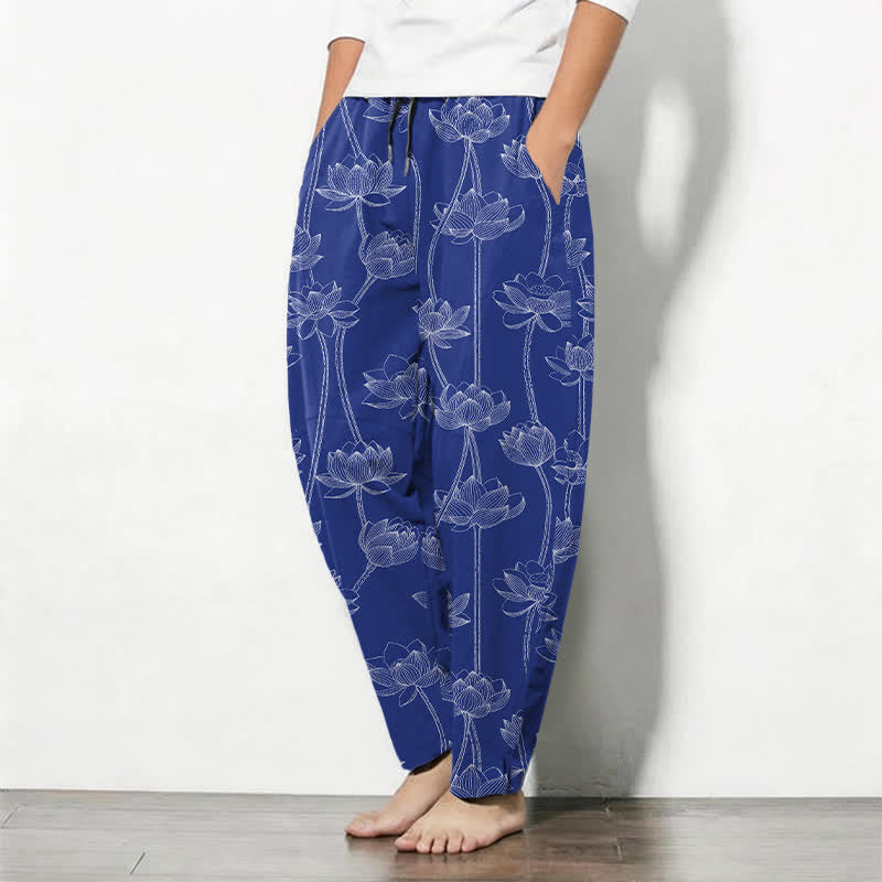 Buddha Stones 100% Cotton herenbroek met trekkoord en Zakken , met lotusmotief en lijntekening. - image 1