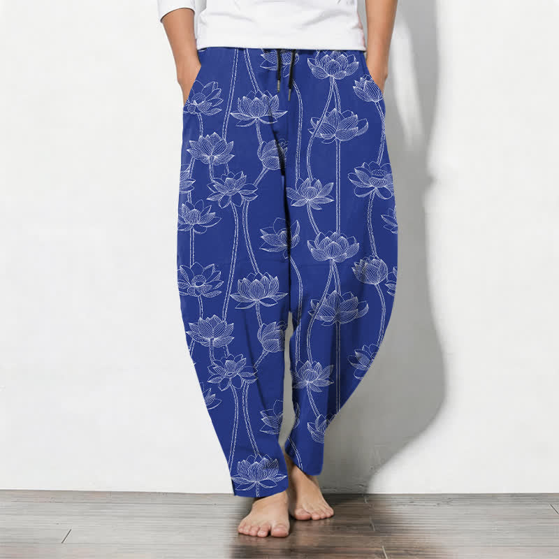 Buddha Stones 100% Cotton herenbroek met trekkoord en Zakken , met lotusmotief en lijntekening. - Koningsblauw - US/UK/AU50, EU60 (5XL) - image 0