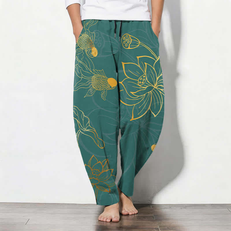 Buddha Stones Herenbroek van 100% Cotton met gouden lotus- en koi-patroon, trekkoord en taps toelopende pijpen, inclusief Zakken. - Teal - US/UK/AU50, EU60 (5XL) - image 0
