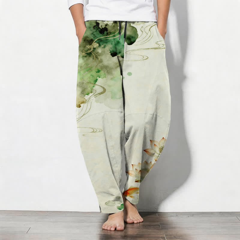 Buddha Stones Getailleerde herenbroek van 100% Cotton met lotus- en koi-inktprint, trekkoord en Zakken. - Honingmeloen - US/UK/AU50, EU60 (5XL) - image 0
