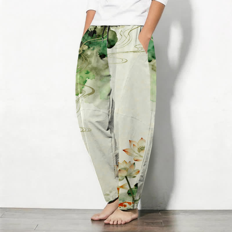 Buddha Stones Getailleerde herenbroek van 100% Cotton met lotus- en koi-inktprint, trekkoord en Zakken. - image 1