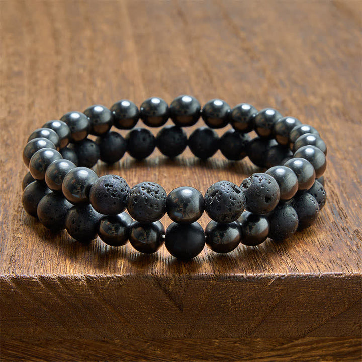 Buddha Stones Aardende minimalistische Armband van hematietlavasteen - Hematietset (Polsomtrek: 15-16 cm) - image 0