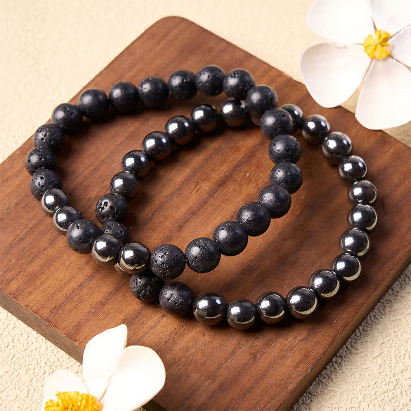 Buddha Stones Aardende minimalistische Armband van hematietlavasteen - image 1
