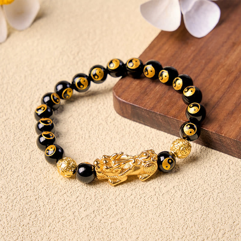 Buddha Stones Armband met Pi Xiu kralen van zwarte onyx en koper. - Pi Xiu (Rijkdom ♥ Geluk) - image 0