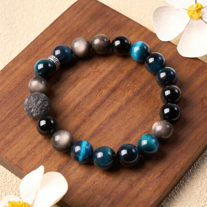 Buddha Stones Blauwe tijgeroog obsidiaan Armband met zilverglans - image 1