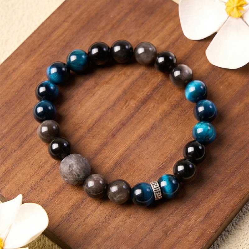 Buddha Stones Blauwe tijgeroog obsidiaan Armband met zilverglans - image 9