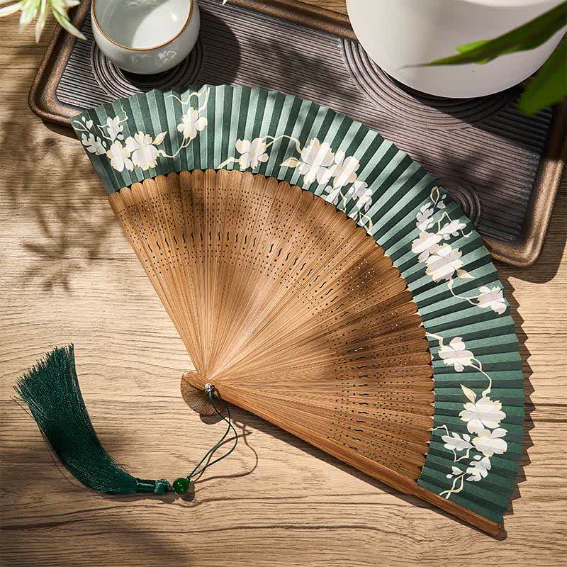 Buddha Stones Retro papieren Waaier met bloemenmotief, 22,5 cm - Groen (Gesloten Maat: ca. 22,5 cm / 8,9 inch) - image 0