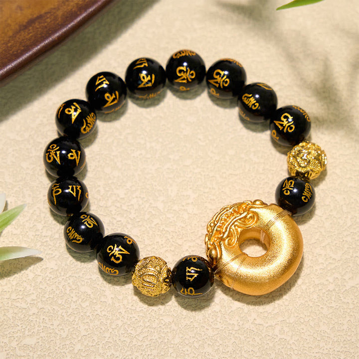 Buddha Stones Zwarte obsidiaan Pi Xiu vredesgesp Om Mani Padme Hum Armband - image 1
