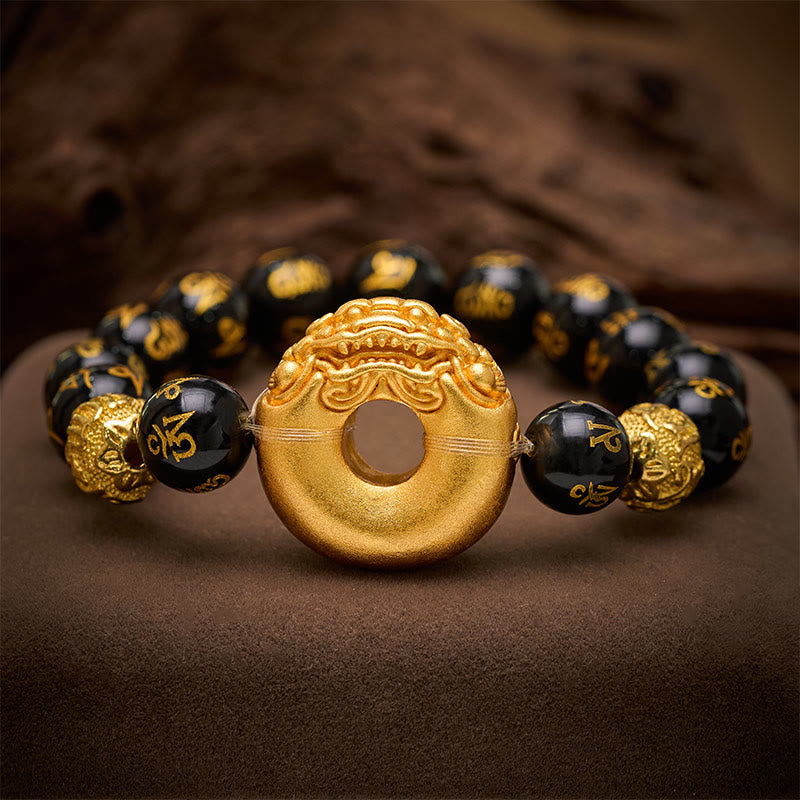 Buddha Stones Zwarte obsidiaan Pi Xiu vredesgesp Om Mani Padme Hum Armband - Zwarte obsidiaan (Polsomtrek: 17-18 cm) - image 0