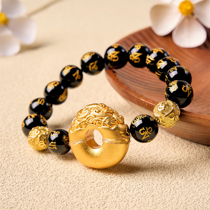 Buddha Stones Zwarte obsidiaan Pi Xiu vredesgesp Om Mani Padme Hum Armband - image 3