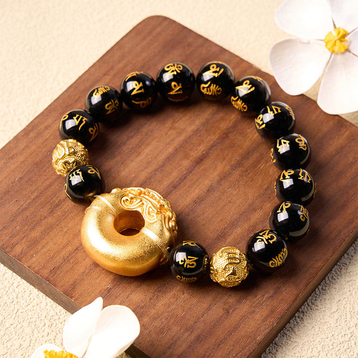 Buddha Stones Zwarte obsidiaan Pi Xiu vredesgesp Om Mani Padme Hum Armband - image 4