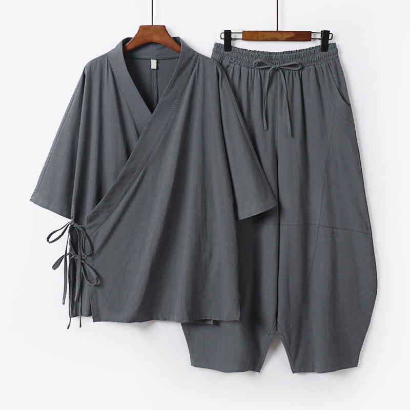 Buddha Stones 2-delige minimalistische lente/zomerset met trekkoord , Mouw tot de elleboog, katoen, meditatiekleding voor heren met zakken - Leigrijs - US/UK/AU54, EU64 (9XL) - image 0