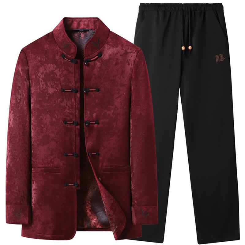 Buddha Stones 2-delige set herfst/winter Tang-stijl elegante jas en broek met kikkerknopen , Mandarin kraag en abstracte details, geschikt voor heren, meditatiekleding met zakken - Vuurvaste steen - US/UK/AU44, EU54 (4XL) - image 0