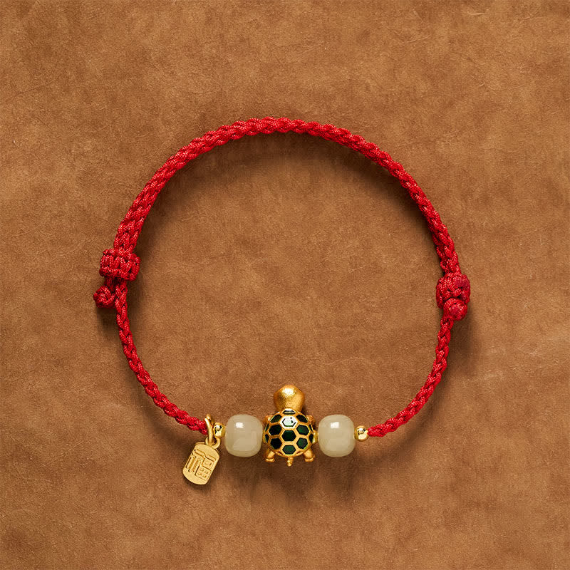 Buddha Stones Koperen Schildpad Hetian Jade Fu Karakter Geluk Rode Koord Armband - Rood (Polsomtrek: 14–18 cm) - image 0