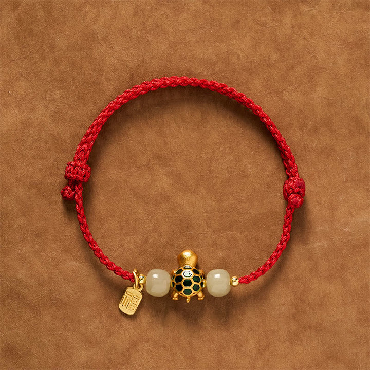 Buddha Stones Koperen Schildpad Hetian Jade Fu Karakter Geluk Rode Koord Armband - Rood (Polsomtrek: 14–18 cm) - image 0