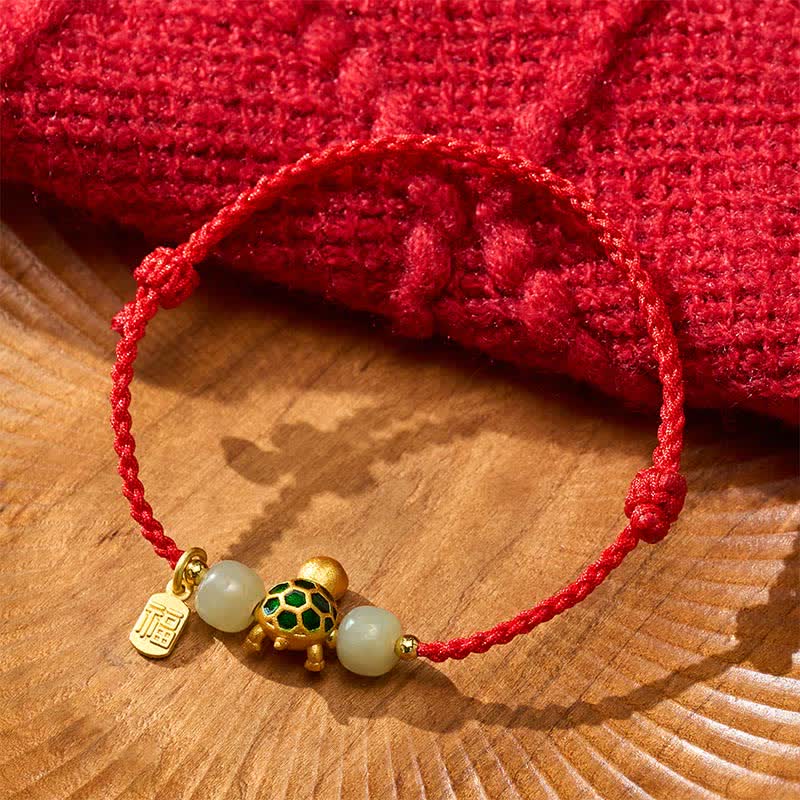 Buddha Stones Koperen Schildpad Hetian Jade Fu Karakter Geluk Rode Koord Armband - image 4