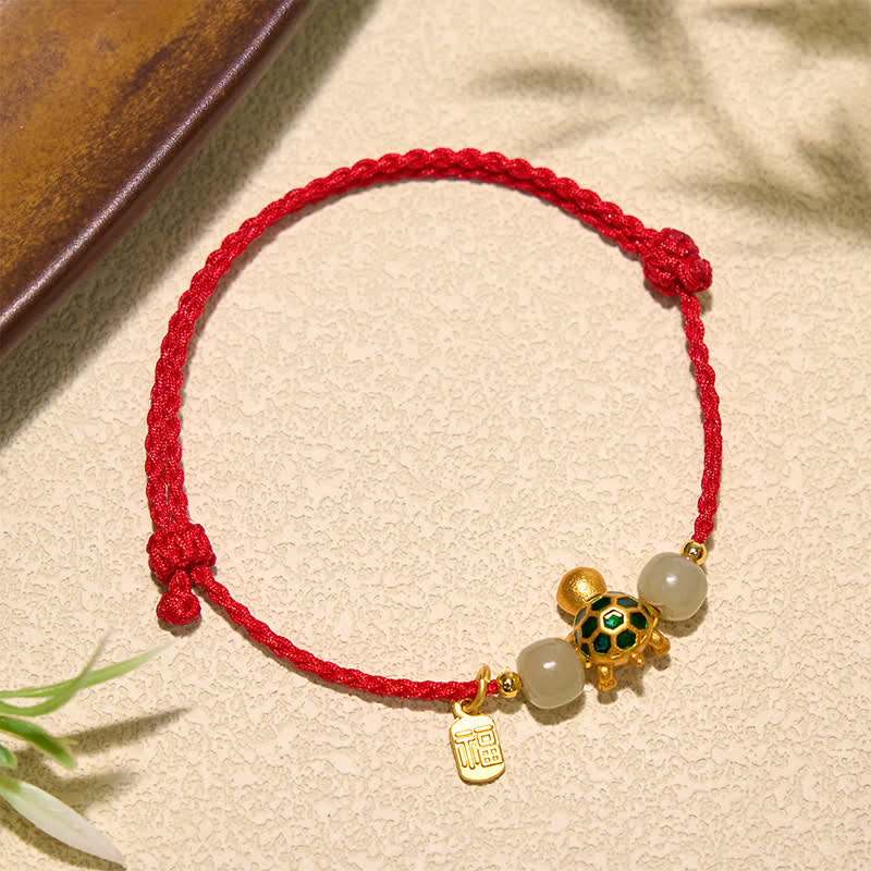 Buddha Stones Koperen Schildpad Hetian Jade Fu Karakter Geluk Rode Koord Armband - image 1